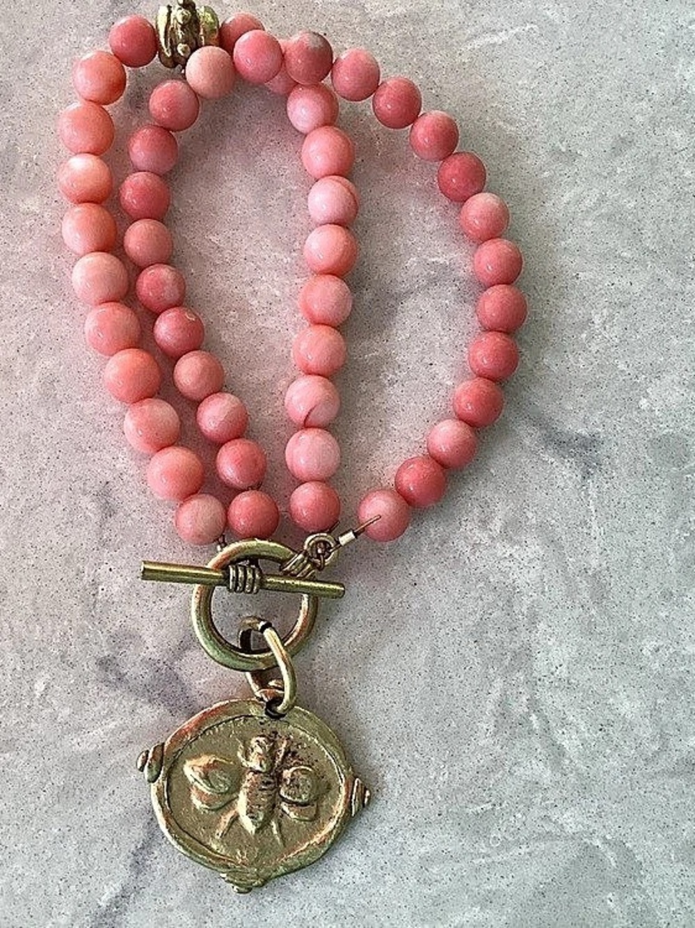 Susan Shaw Coral Beaded Toggle Bracelet w Gold Bee Intaglio